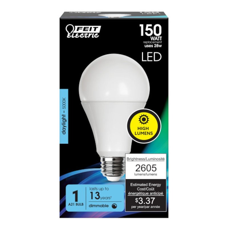 Feit Electric OM150DM/850/LED LED Bulb, 120 V, 2605 Lumens, 28 W, A21 Lamp, 150 W Equivalent, E26 Lamp Base