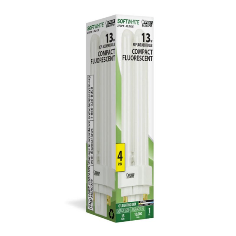 Feit Electric PLD13E Fluorescent Bulb, 13 W, PL Lamp, G24Q-1 Lamp Base, 850 Lumens, 2700 K Color Temp