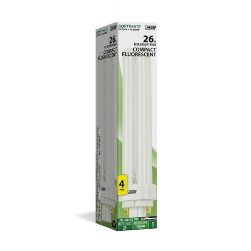 Feit Electric PLD26E Fluorescent Bulb, 26 W, PL Lamp, G24Q-3 Lamp Base, 1600 Lumens, 2700 K Color Temp, Soft White Light