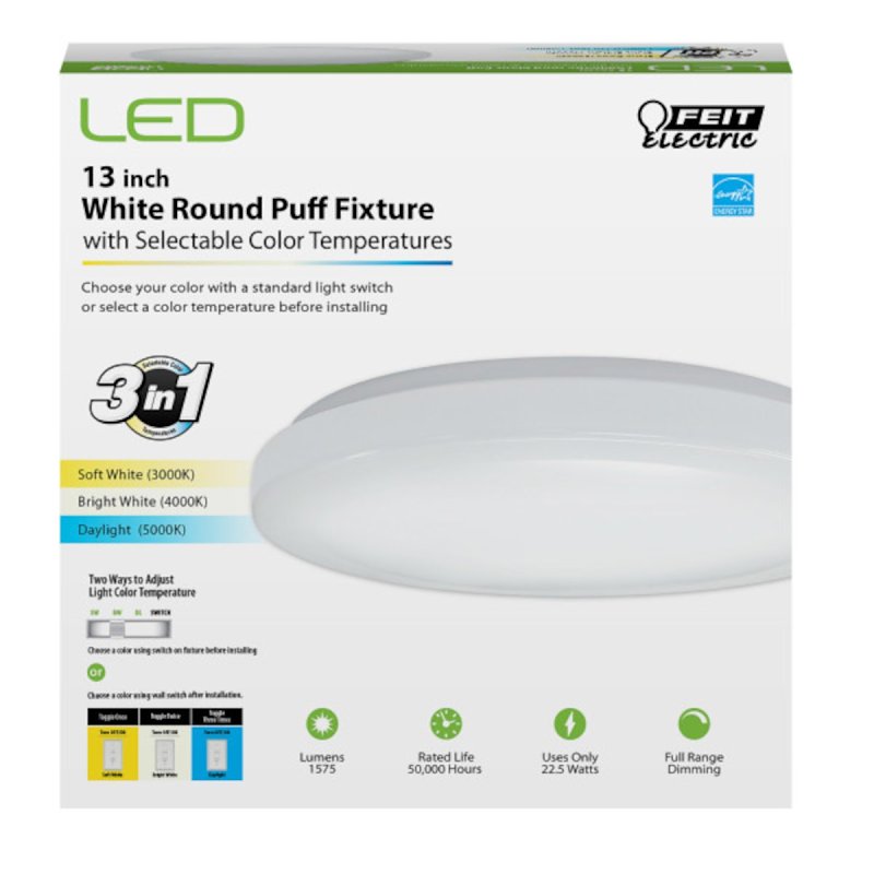 Feit Electric PF13/RND/4WY/WH Ceiling Fixture, 120 V, 22.5 W, LED Lamp, 1575 Lumens, White Fixture