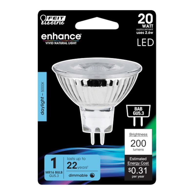 Feit Electric BPBAB/950CA LED Bulb, Track/Recessed, MR16 Lamp, 20 W Equivalent, GU5.3 Lamp Base, Dimmable, Frosted