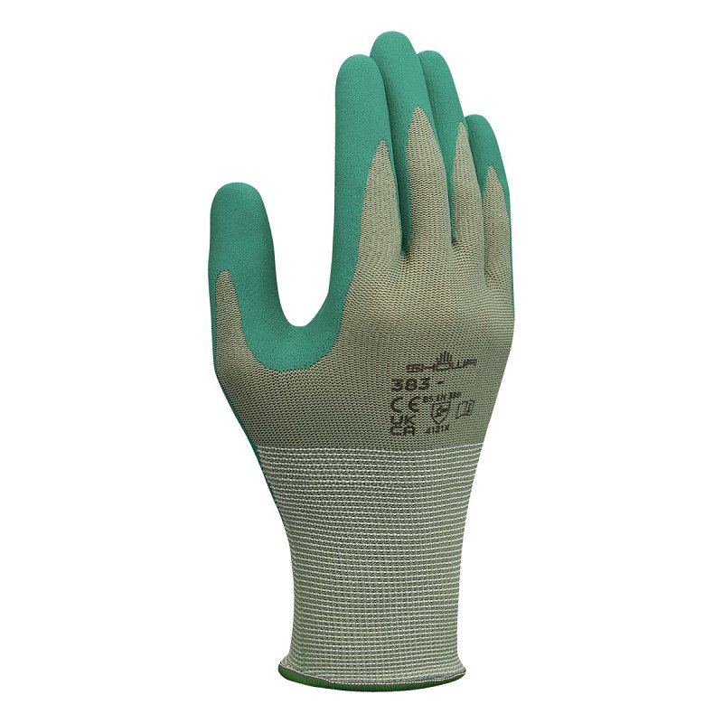 Showa 383-S/06 Coated Gloves, S, 220 mm L, Nitrile Coating, Polyester, Green