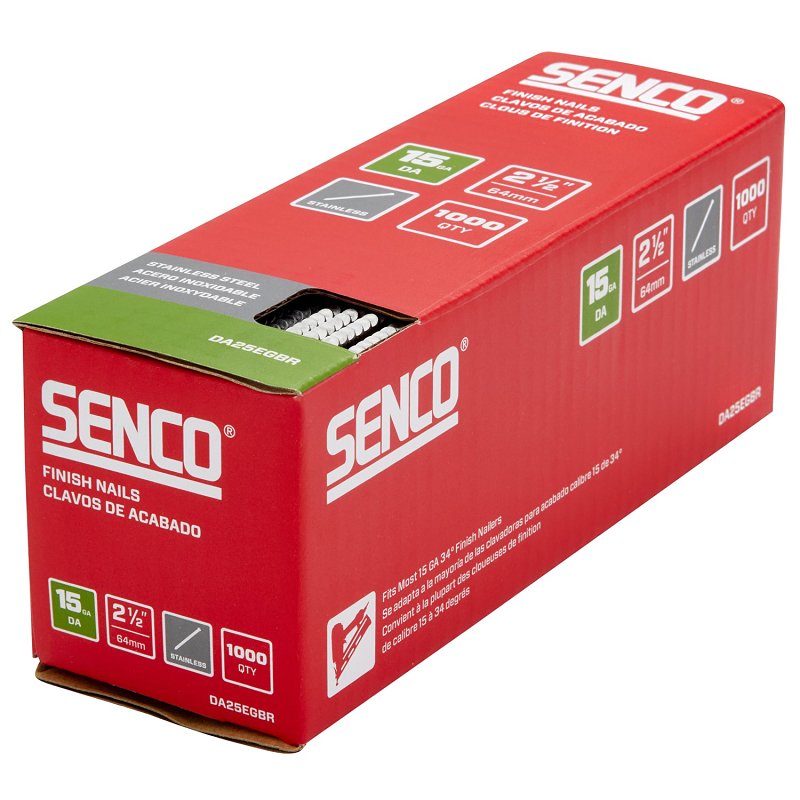 Senco DA25EGBR Finish Nail Strip, 2-1/2 in L, 15 ga, Stainless Steel, Sencote, Brad Head