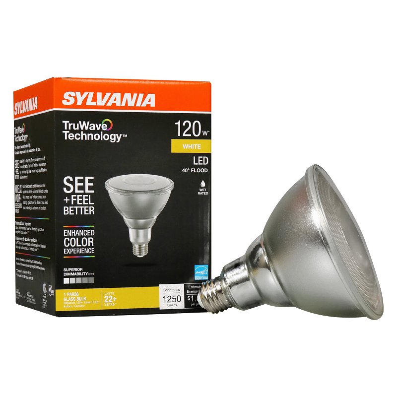 Sylvania 40905 Natural LED Bulb, Floodlight, PAR38 Lamp, E26 Lamp Base, Dimmable, Clear, Cool White Light