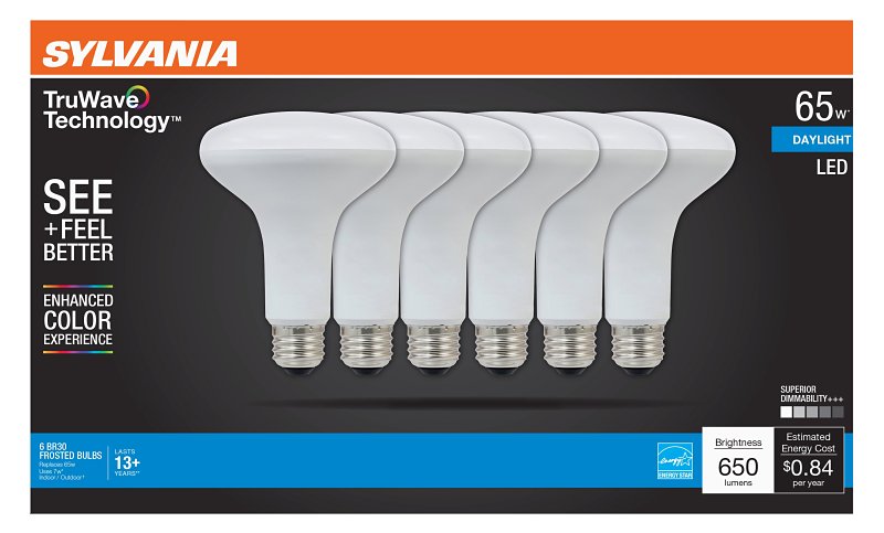 Sylvania Natural Series 41329 LED Bulb, 7 W, BR30 Lamp, 65 W Equivalent, E26 Medium Lamp Base, Dimmable