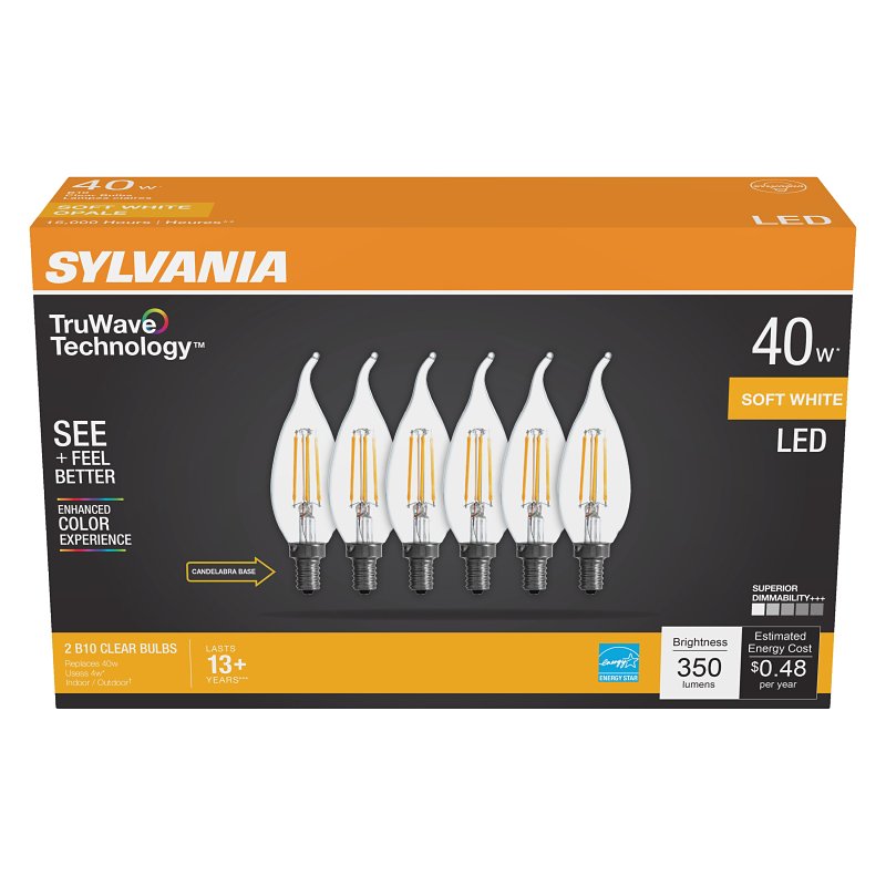 Sylvania Natural Series 41319 LED Bulb, 350 Lumens, 4 W, B10 Lamp, 40 W Equivalent, E12 Candelabra Lamp Base, Dimmable