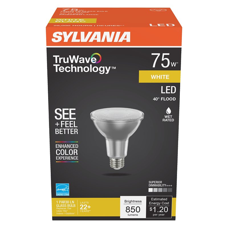 Sylvania Natural Series 40912 LED Bulb, 850 Lumens, 10 W, PAR30LN Lamp, 75 W Equivalent, E26 Medium Lamp Base, Dimmable