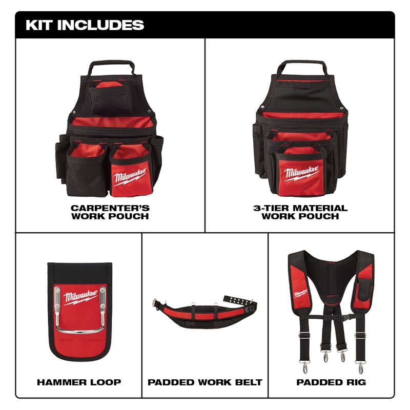 Milwaukee 48-22-8120 Work Belt, 30 to 53 Waist, 1680 Denier Nylon, Black/Red, 24-Pocket
