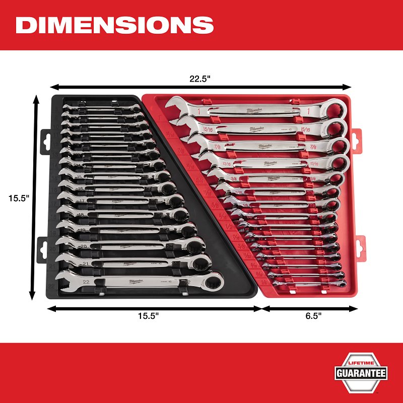 Milwaukee 48-22-9416 Wrench Set, 15-Piece, Alloy Steel, Chrome, Specifications: SAE Measurement System, I-Beam Handle