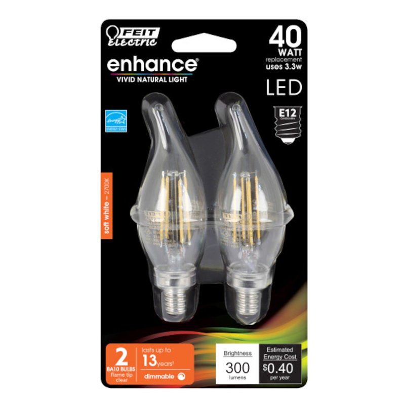 Feit Electric BPCFC40/927CA/FIL/2 LED Bulb, 120 V, 300 Lumens, 3.3 W, Flame Tip Lamp, 40 W Equivalent, Dimmable, 2/PK