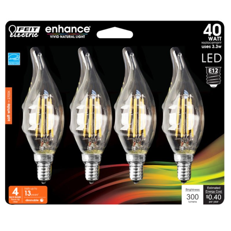 Feit Electric BPCFC40/927CA/FIL LED Bulb, Decorative, 300 Lumens, 3.3 W, Flame Tip Lamp, 40 W Equivalent, E12 Lamp Base