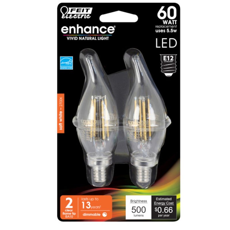 Feit Electric BPCFC60/927CA/FIL/2 LED Bulb, Decorative, 500 Lumens, 5.5 W, Flame Tip Lamp, 60 W Equivalent, Soft White