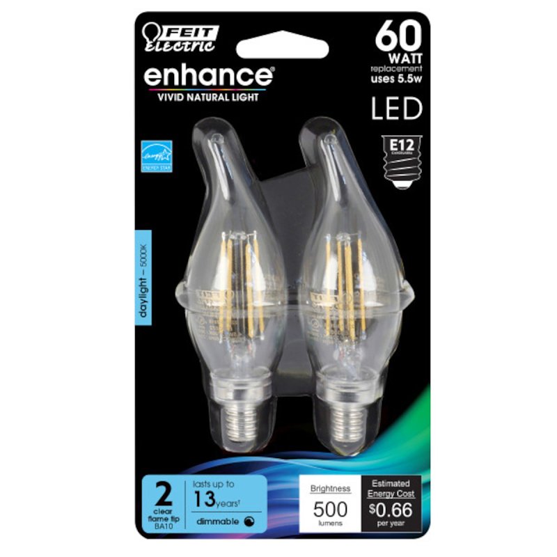 Feit Electric BPCFC60/950CA/FIL LED Bulb, Decorative, 500 Lumens, 5.5 W, Flame Tip Lamp, 60 W Equivalent, E12 Lamp Base