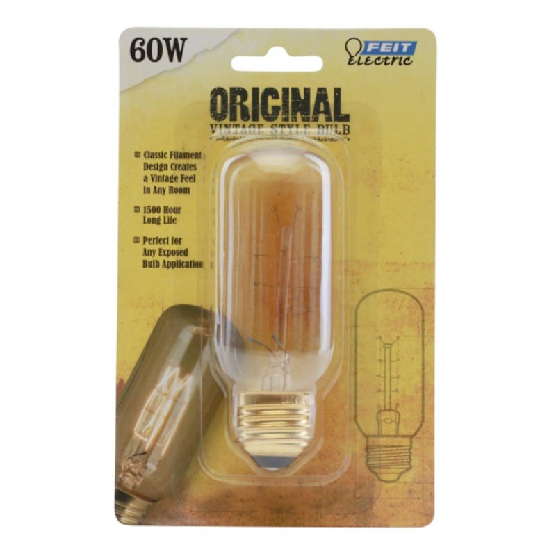 Feit Electric BP60T12/RP Incandescent Bulb, 60 W, T12 Lamp, Medium E26 Lamp Base, 150 Lumens, 2200 K Color Temp