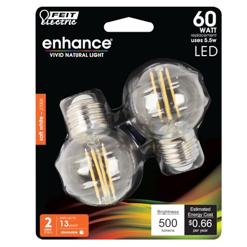 Feit Electric BPGM60/927CA/FIL/2 LED Bulb, Globe, G16-1/2 Lamp, 60 W Equivalent, E26 Lamp Base, Dimmable, Clear