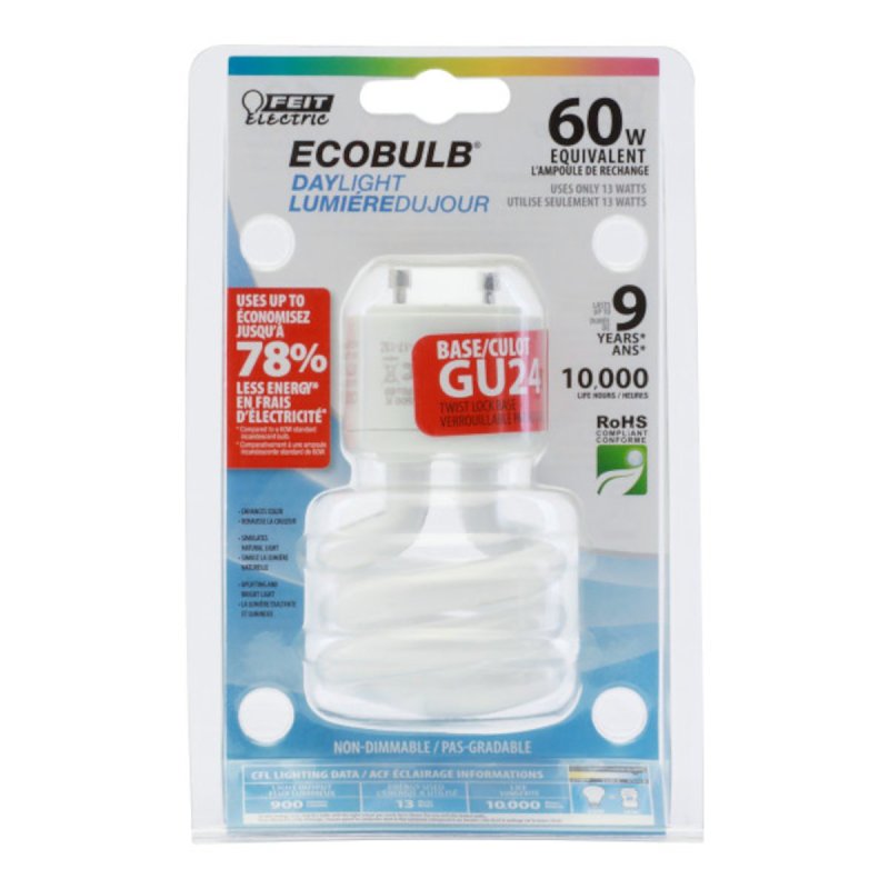 Feit Electric BPESL13T/GU24/D/C Compact Fluorescent Bulb, 6500 K Color Temp, Daylight, 900 Lumens, 13 W, Spiral Lamp