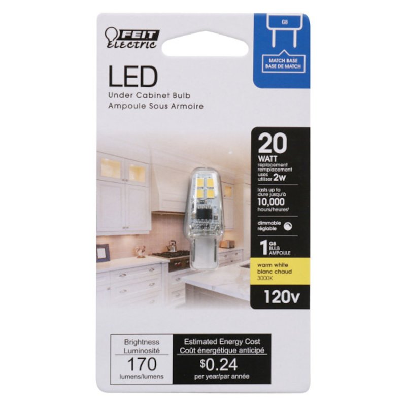 Feit Electric BP20G8/830/LED LED Bulb, Specialty, 170 Lumens, 2 W, T4 Lamp, 20 W Equivalent, G8 Lamp Base, Dimmable