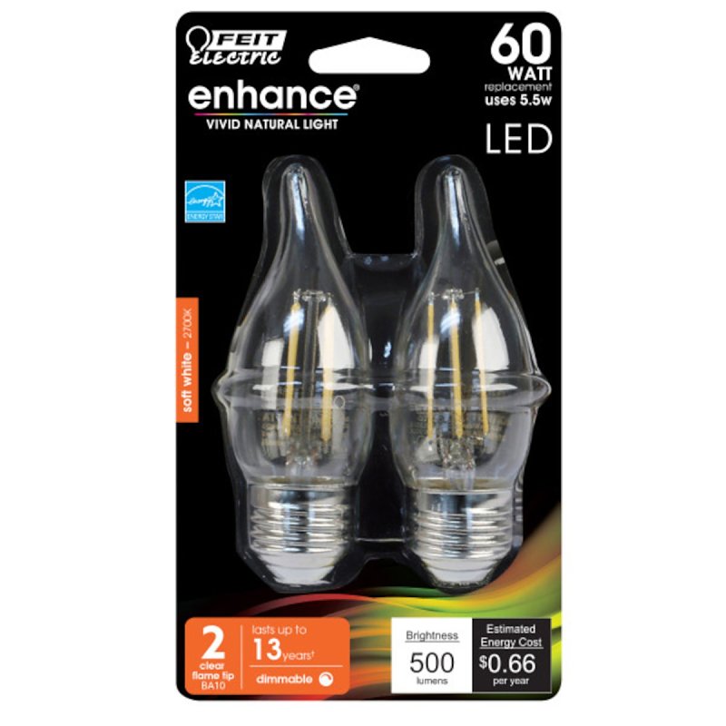 Feit Electric BPEFC60/927CA/FIL LED Bulb, Decorative, 500 Lumens, 5.5 W, Flame Tip Lamp, 60 W Equivalent, E26 Lamp Base