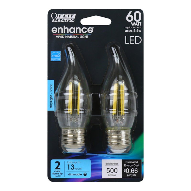 Feit Electric BPEFC60/950CA/FIL LED Bulb, 120 V, 500 Lumens, 5.5 W, Flame Tip Lamp, 60 W Equivalent, E26 Lamp Base