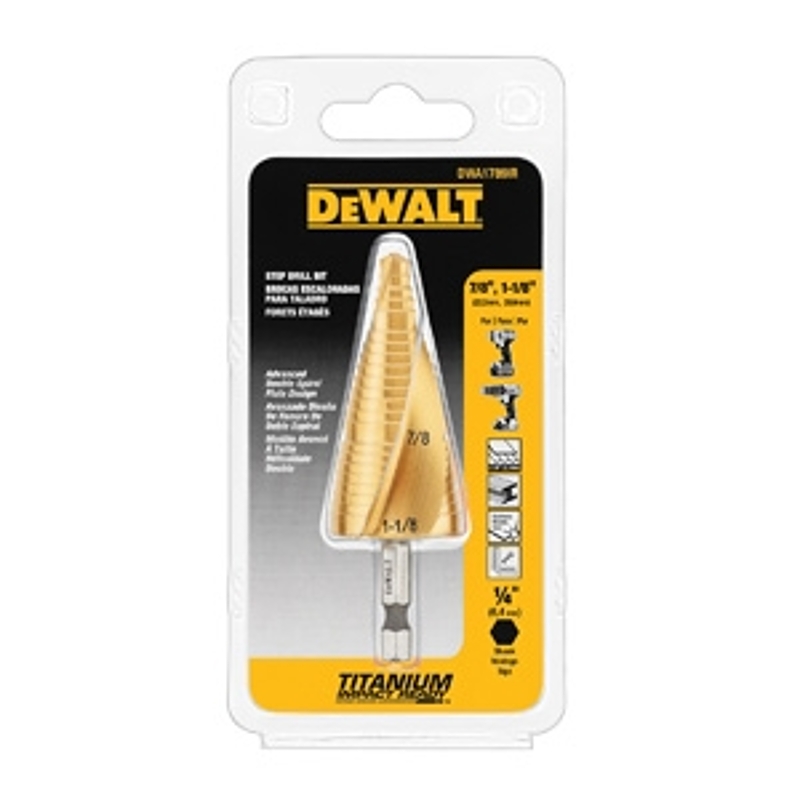 DEWALT DWA1789IR Step Drill Bit, 7/8 to 1-1/8 in Dia, Spiral Flute, 2-Flute, 1/4 in Dia Shank, Hex Shank