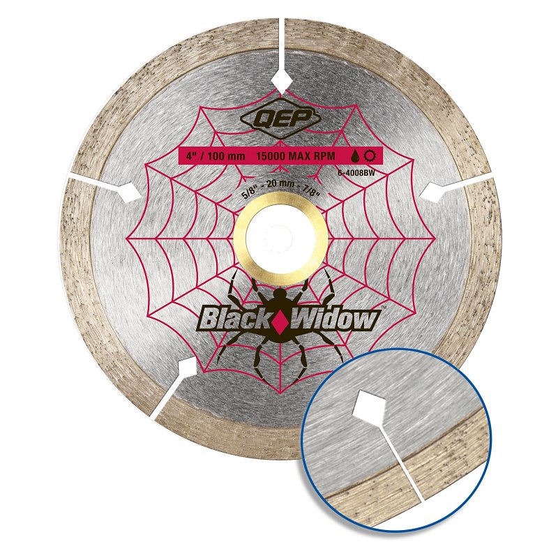 QEP Black Widow 6-4008BW Blade, 4 in Dia, 5/8 in, 20 mm, 7/8 in Arbor, Thin Rim