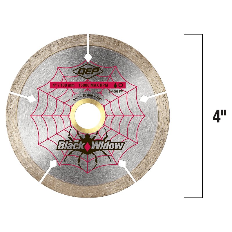 QEP Black Widow 6-4008BW Blade, 4 in Dia, 5/8 in, 20 mm, 7/8 in Arbor, Thin Rim
