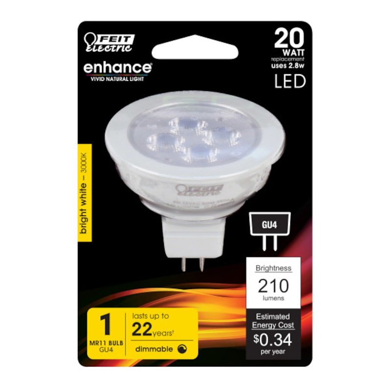 Feit Electric BPFTD/930CA LED Bulb, Track/Recessed, MR11 Lamp, 20 W Equivalent, GU4 Lamp Base, Dimmable, Clear