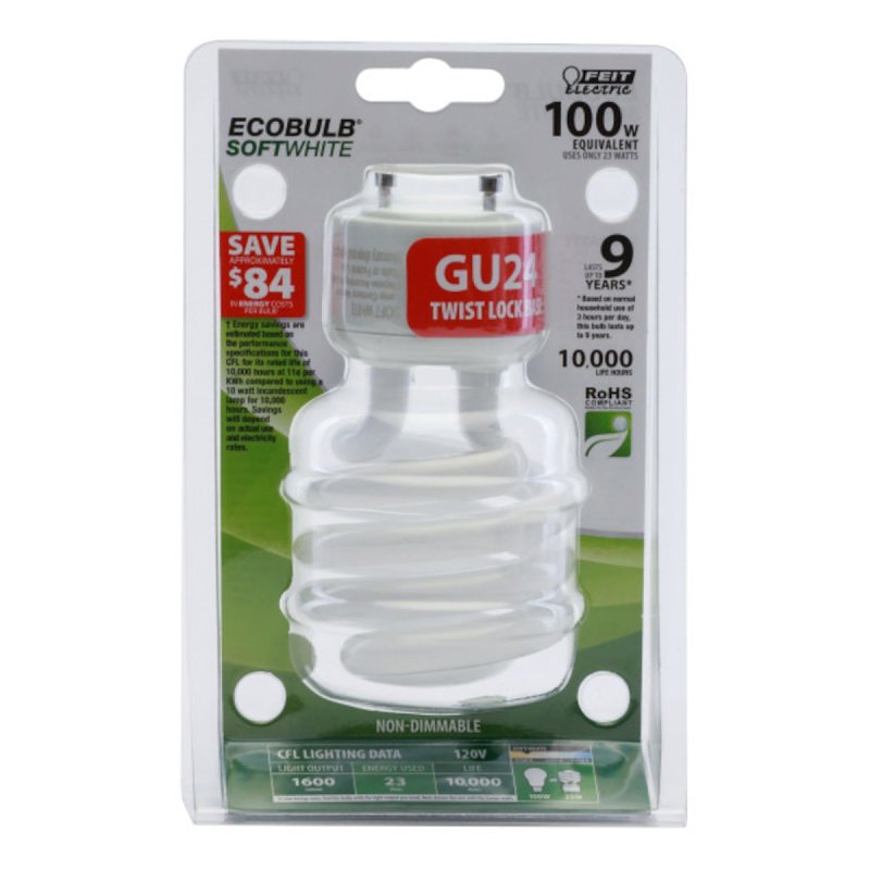 Feit Electric BPESL23TM/GU24 Compact Fluorescent Lamp, 23 W, A19 Spiral Lamp, GU24 Twist and Lock Lamp Base, 1600 Lumens