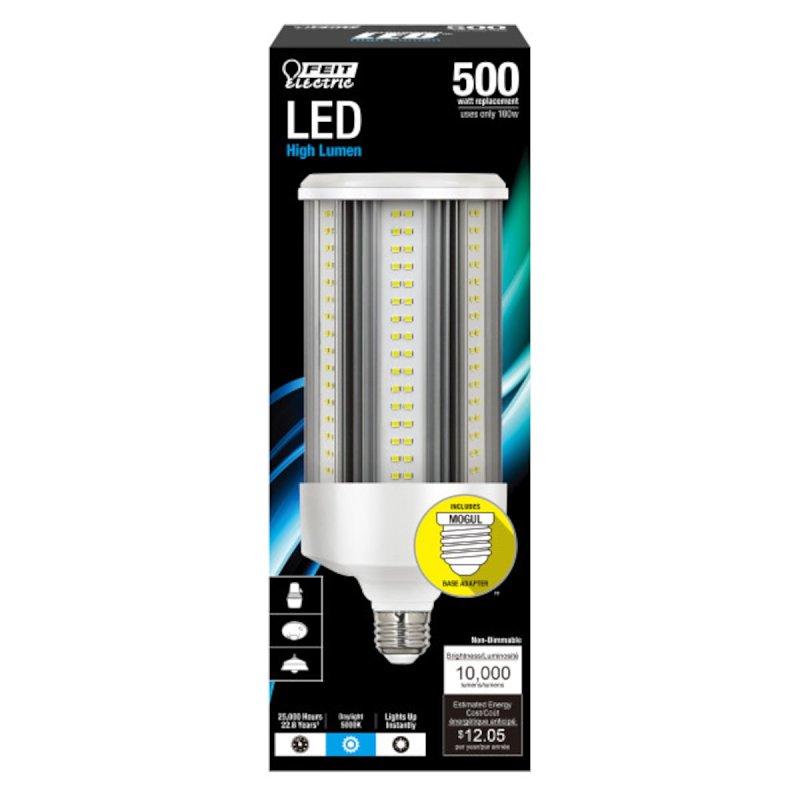 Feit Electric C10000/5K/LEDG2 LED Bulb, Corn Cob, 500 W Equivalent, E26 Lamp Base, Clear, Daylight Light
