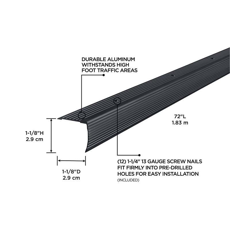 M-D 66270 Stair Edging, 72 in L, 1-1/8 in W, Aluminum, Black, Matte