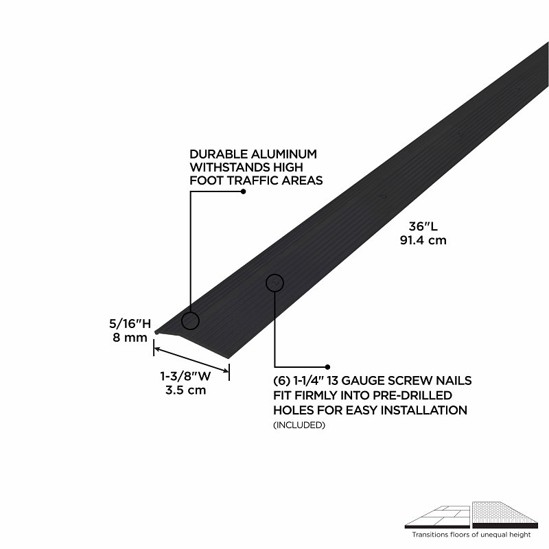 M-D 66267 Carpet Trim, 36 in L, 1-3/8 in W, Aluminum, Black, Matte, Nail Fastener