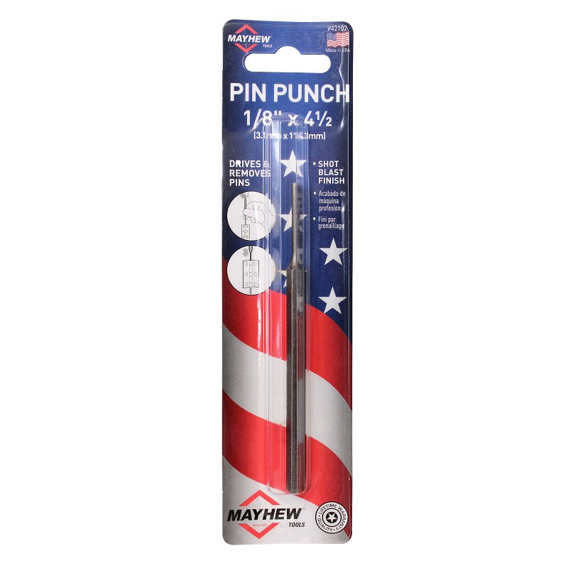 Mayhew 42102 Pin Punch, 1/8 in Tip, 4-1/2 in L, 1/4 in Dia Shank, Hex Shank