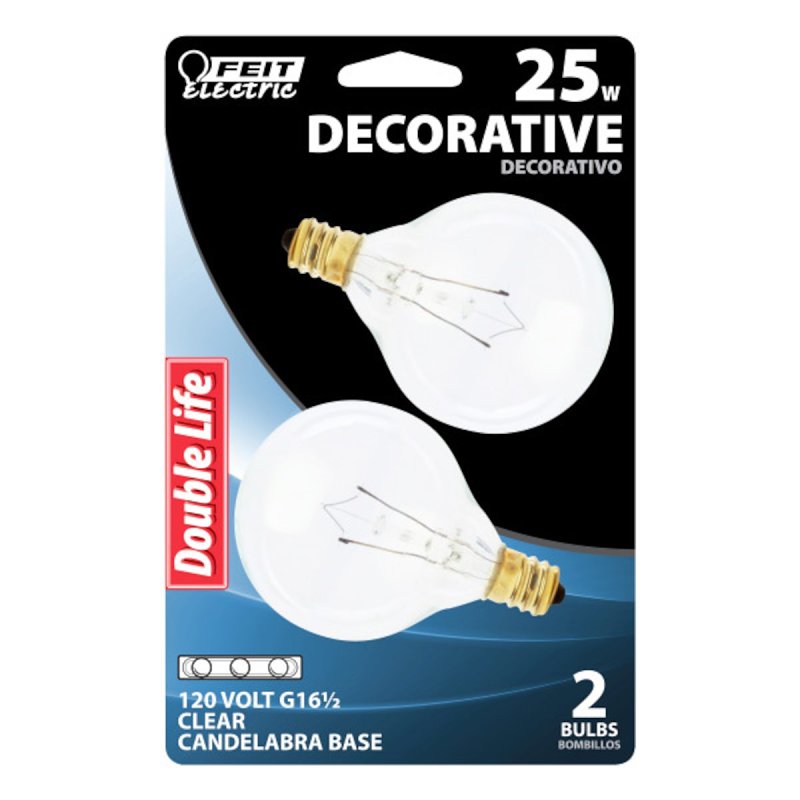 Feit Electric BP25G161/2 Incandescent Lamp, Clear Lamp, 1.5 in D x 2.37 in H Dimensions, 25 W, G16-1/2 Lamp, 170 Lumens