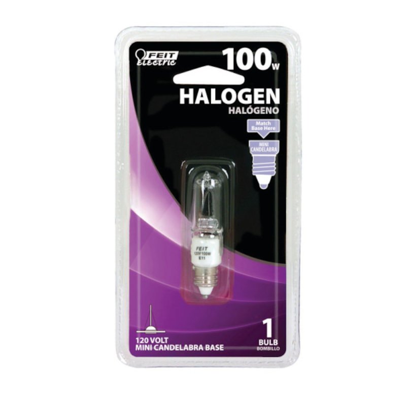 Feit Electric BPQ100/CL/MC Halogen Bulb, 2.56 in H Dimensions, 100 W, Candelabra E11 Lamp Base, T4 Lamp