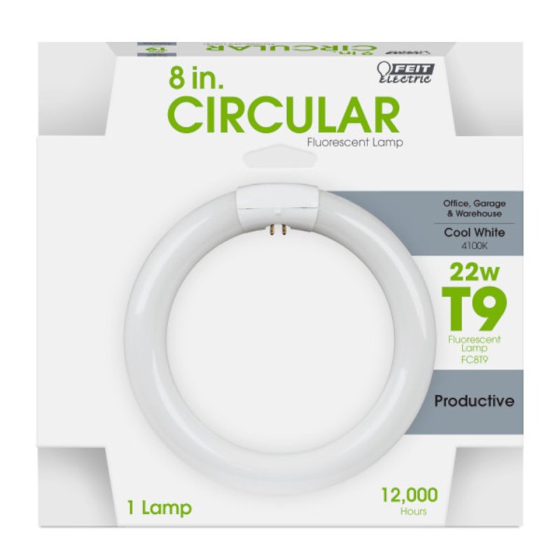 Feit Electric FC8T9/CW Fluorescent Bulb, 22 W, T9 Lamp, G10Q Lamp Base, 4100 K Color Temp, Cool White Light