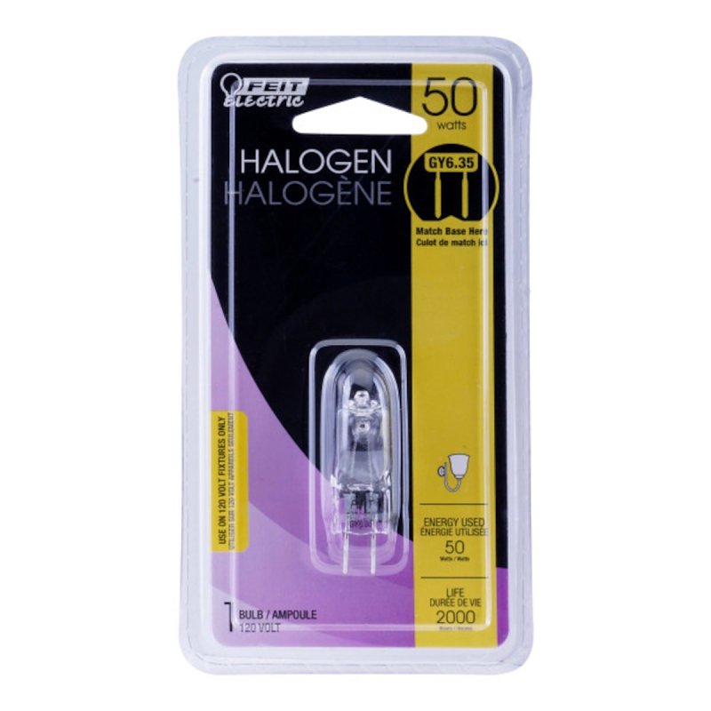 Feit Electric BPQ50T4/JCD/CAN Halogen Bulb, 1.56 in L Dimensions, 50 W, GY6.35 Lamp Base, JC T4 Lamp, 3000 K Color Temp