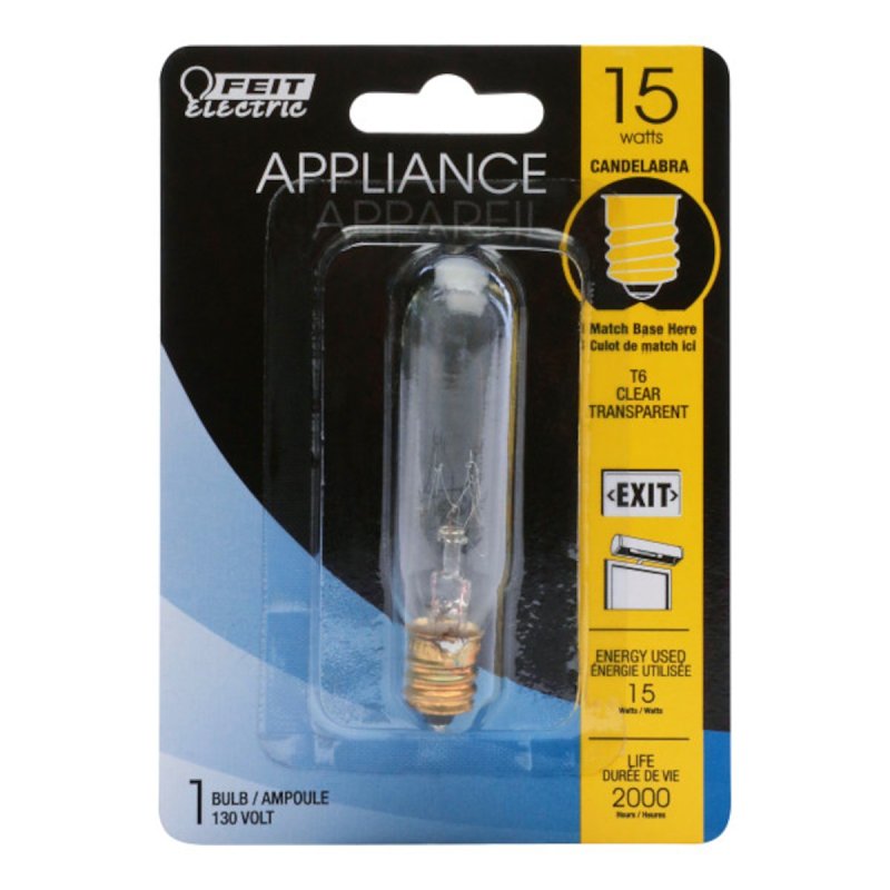 Feit Electric BP15T6-130/CAN Incandescent Bulb, 15 W, T6 Lamp, Candelabra E12 Lamp Base, 2700 K Color Temp