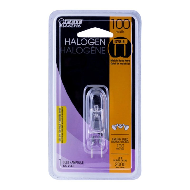 Feit Electric BPQ100/8.6/CAN Halogen Bulb, 100 W, GY8.6 Lamp Base, JCD T4 Lamp, 3000 K Color Temp, 2000 hr Average Life