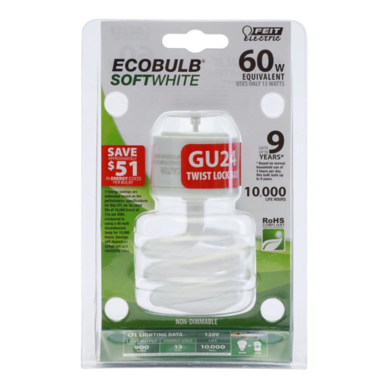 Feit Electric BPESL13T/GU24 Compact Fluorescent Lamp, 13 W, Spiral Lamp, GU24 Twist and Lock Lamp Base, 900 Lumens