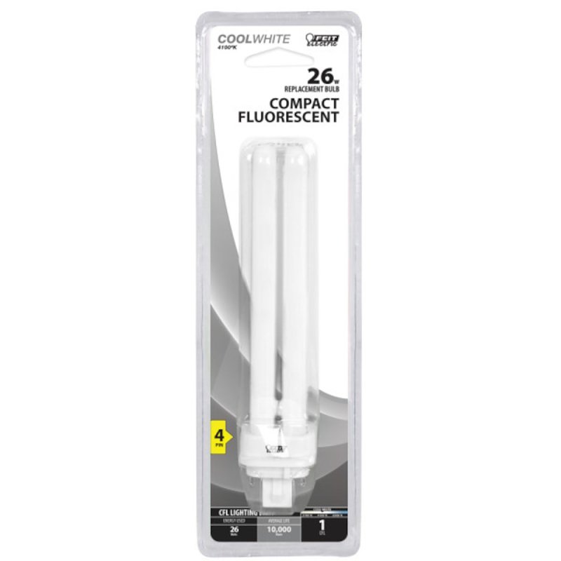 Feit Electric BPPLD26E/41 Compact Fluorescent Bulb, 26 W, PL Lamp, G24Q-3 Lamp Base, 1600 Lumens, 4100 K Color Temp