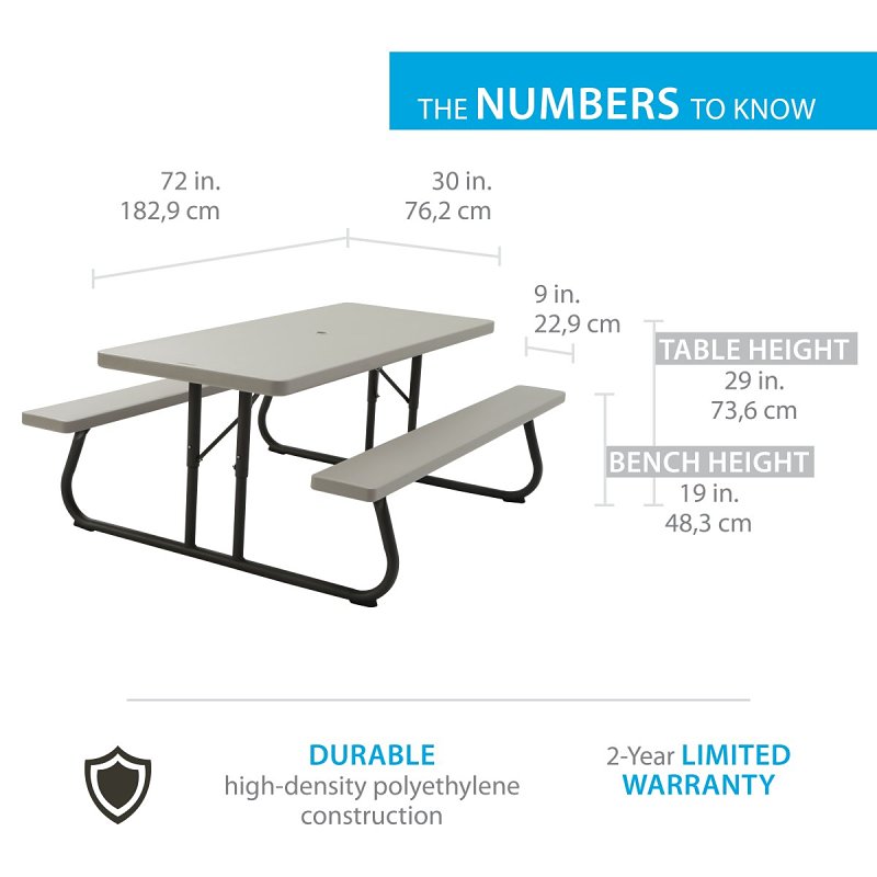 Lifetime Products 60110 Picnic Table, 30 in W, 72 in D, 29 in H, HDPE Table, Foldable