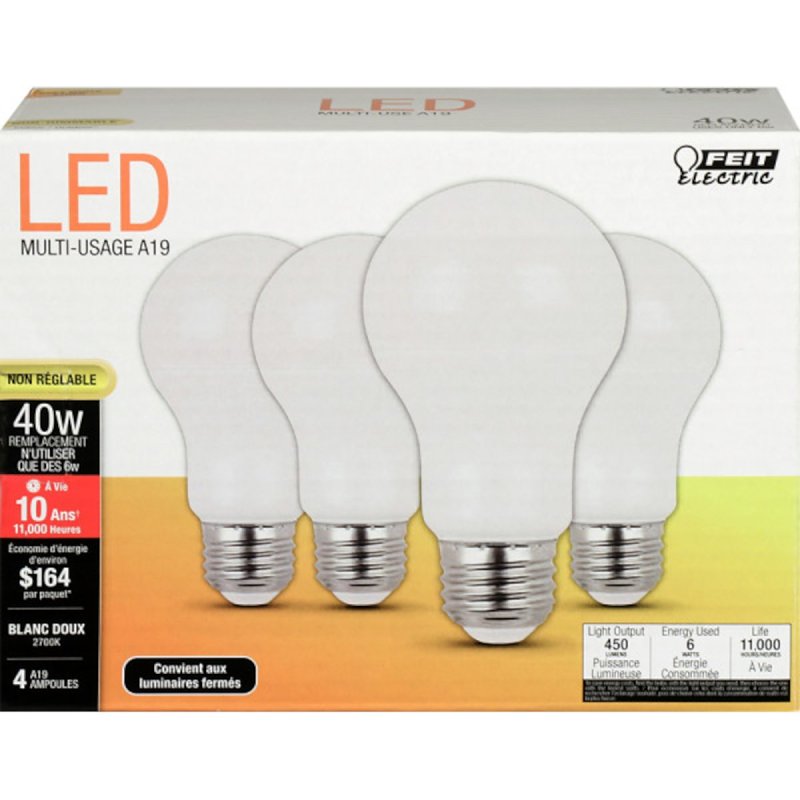 Feit Electric A450/827/10KLED/4 LED Lamp, General Purpose, 450 Lumens, 6 W, A19 Lamp, 40 W Equivalent, E26 Lamp Base