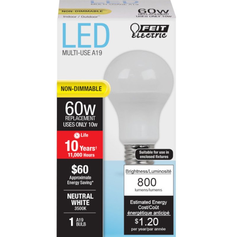 Feit Electric A800/835/10KLED LED Lamp, General Purpose, A19 Lamp, 60 W Equivalent, E26 Lamp Base, Frosted