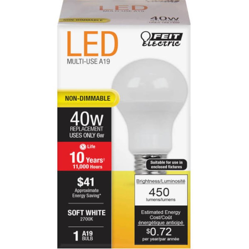 Feit Electric A450/827/10KLED LED Bulb, 120 V, 450 Lumens, 6 W, A19 Lamp, 40 W Equivalent, E26 Lamp Base