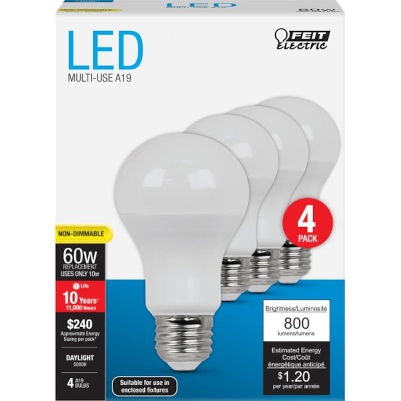 Feit Electric A800/850/10KLED/4 LED Lamp, 120 V, 800 Lumens, 10 W, A19 Lamp, 60 W Equivalent, E26 Lamp Base