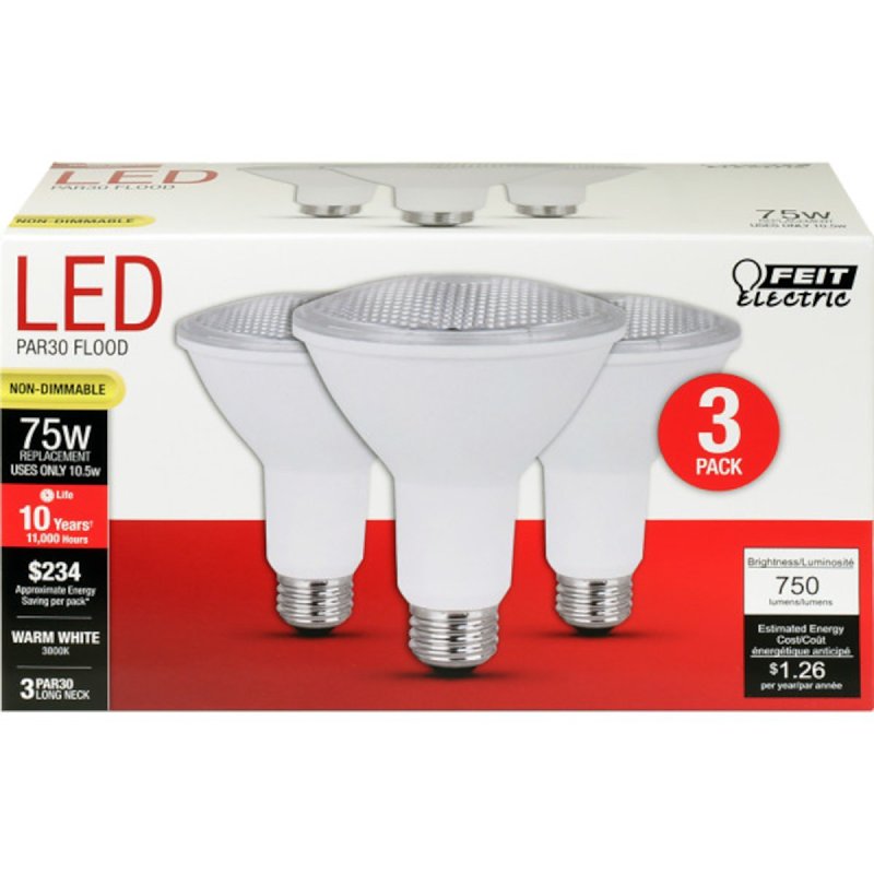 Feit Electric PAR30L75/10KLED/3 LED Lamp, Flood/Spotlight, PAR30 Lamp, 75 W Equivalent, E26 Lamp Base, Warm White Light