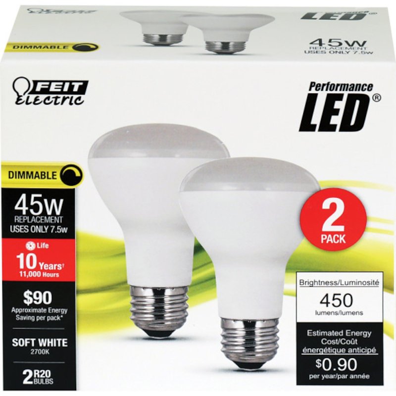 Feit Electric R20DM/10KLED/2 LED Lamp, 450 Lumens, 7.5 W, R20 Lamp, 45 W Equivalent, E26 Lamp Base