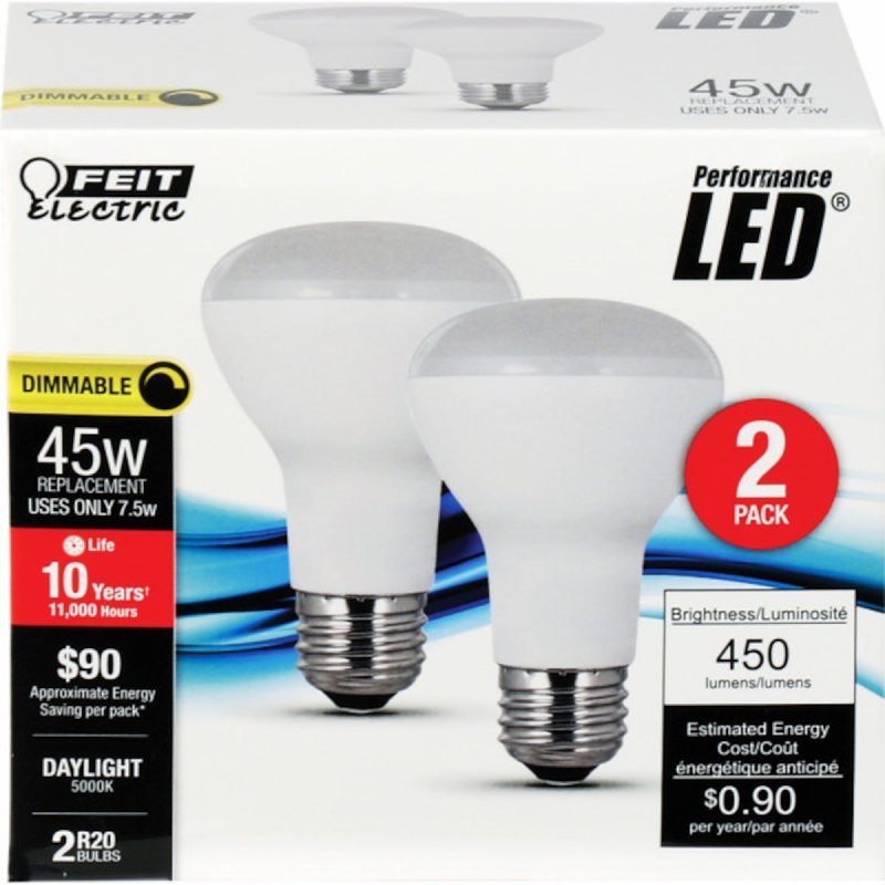 Feit Electric R20DM/850/10KLED/2 LED Lamp, Flood/Spotlight, 450 Lumens, 7.5 W, R20 Lamp, 45 W Equivalent, E26 Lamp Base