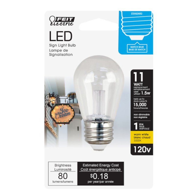 Feit Electric BPS14/SU/LED LED Lamp, Decorative, S14 Lamp, 11 W Equivalent, E26 Lamp Base, Clear, Warm White Light