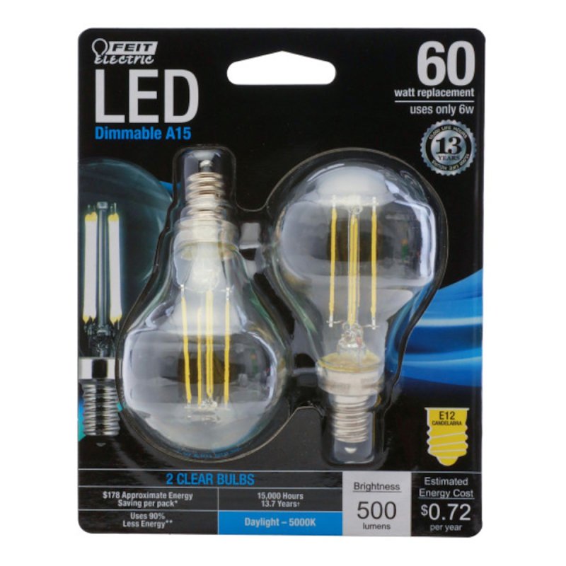 Feit Electric BPA1560C850LED/2 LED Bulb, 120 V, 500 Lumens, 6 W, A15 Lamp, 60 W Equivalent, E12 Lamp Base